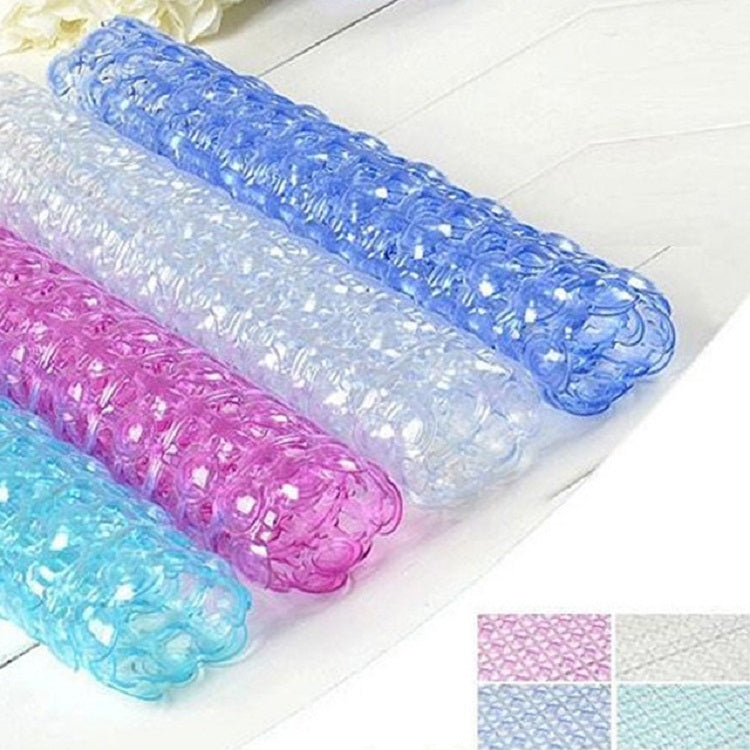 Rolled textured suction bath mats in blue, light blue, pink, and clear