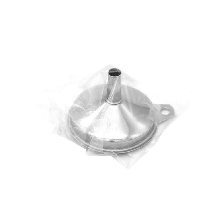 Stainless steel conical funnel in clear bag packaging with outlet tube