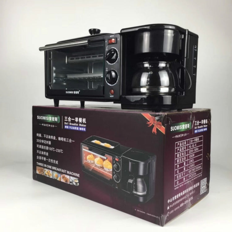 Black 3-in-1 electric breakfast machine with mini oven and coffee maker, on box
