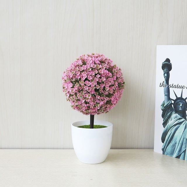 Mini artificial pink blossom ball tree in white pot for desk decor