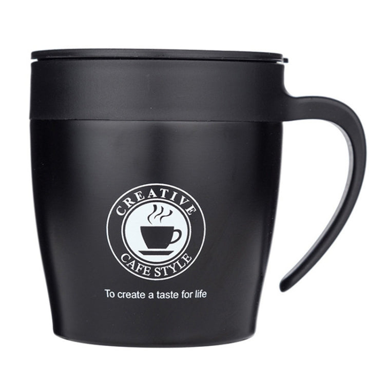 Insulated coffee mug with handle, black body and black lid, “Creative Cafe Style” logo