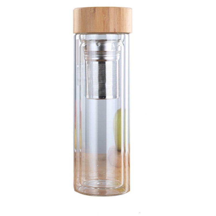 Double-wall glass tea bottle with bamboo lid and stainless infuser, tea inside