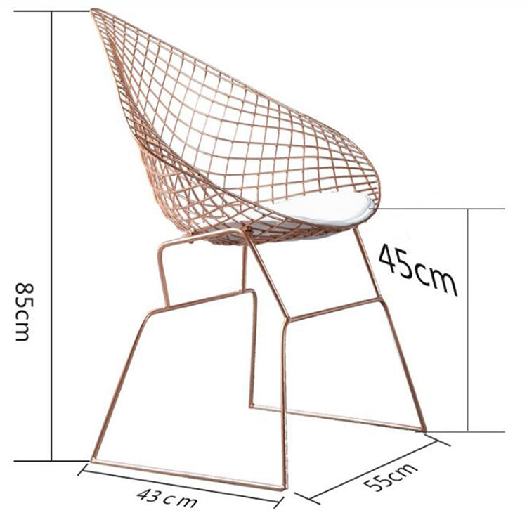 Gold wire frame dining chair with mesh seat, shown with size dimensions