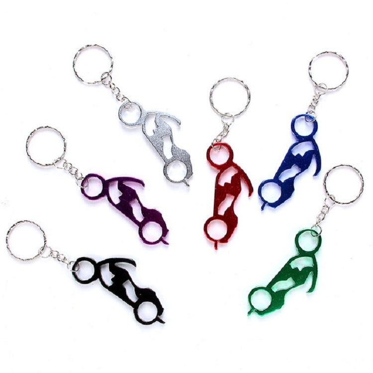 Assorted motorcycle silhouette keychains with circular rings and silver-tone chains
