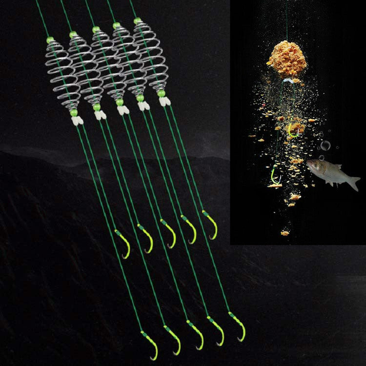 Fishing hook set with spring double hooks, silver hooks, green bead accents