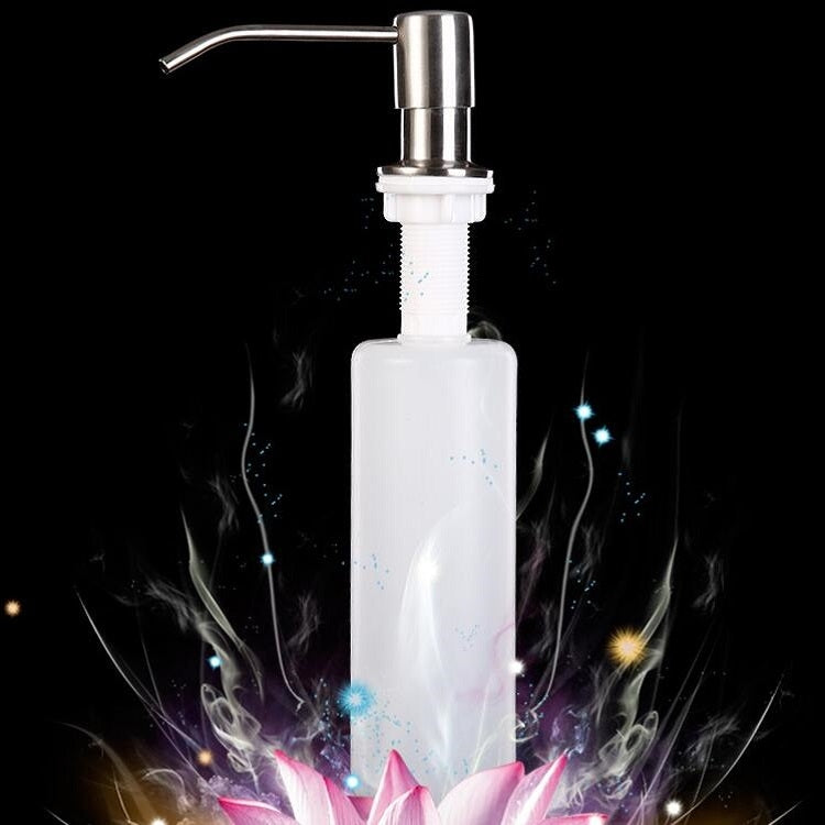 White soap dispenser bottle with stainless steel pump, splashing liquid effect