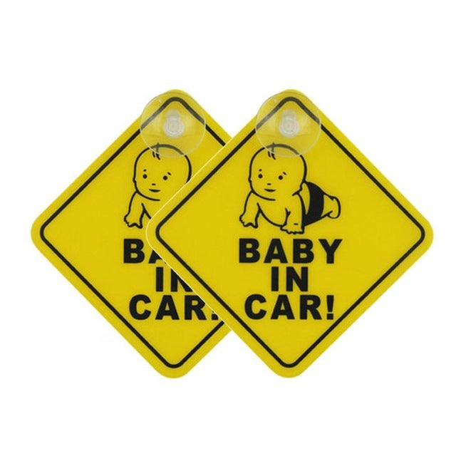 Baby in Car vinyl decals, yellow diamond signs with baby icon and BABY IN CAR! text