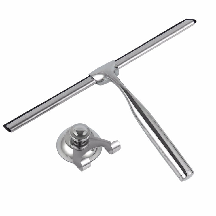 Window squeegee cleaner with rubber blade and suction hook base, chrome finish