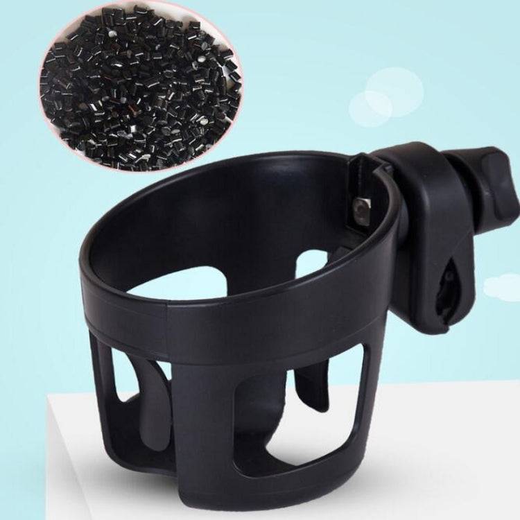 Black cup holder with wide base, side grips, and clear lid on stroller mount