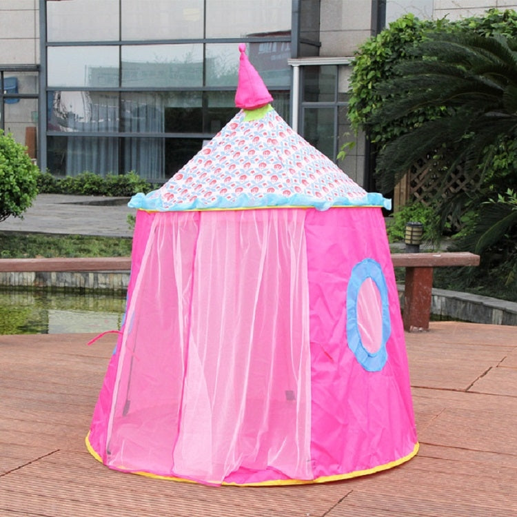 Children's folding play tent with pink walls, white star roof, blue window panel