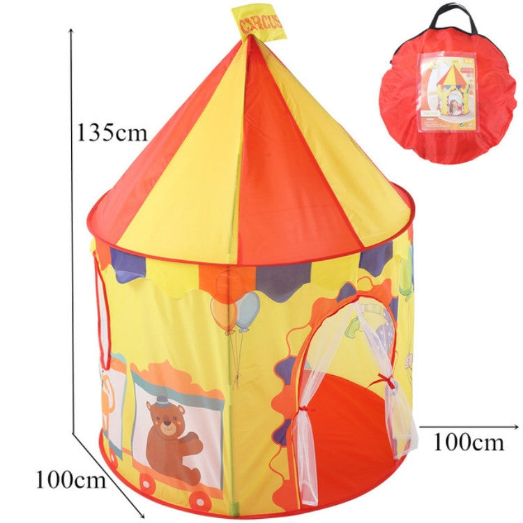 Children's circus play tent, 100cm wide and 135cm tall, red and yellow peaked roof