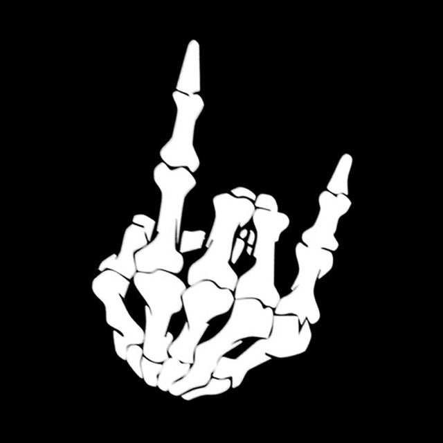 White skull-hand car vinyl sticker with finger-gun gesture, bold graphic