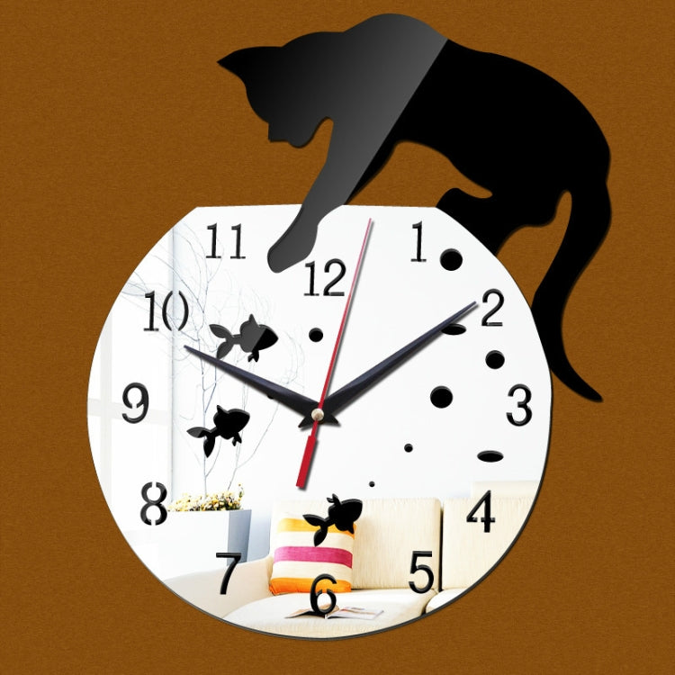 Round cat mirror wall clock with white dial, black cat silhouette, black hands and numerals