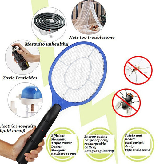 Electric mosquito racket swatter with blue mesh head and black handle