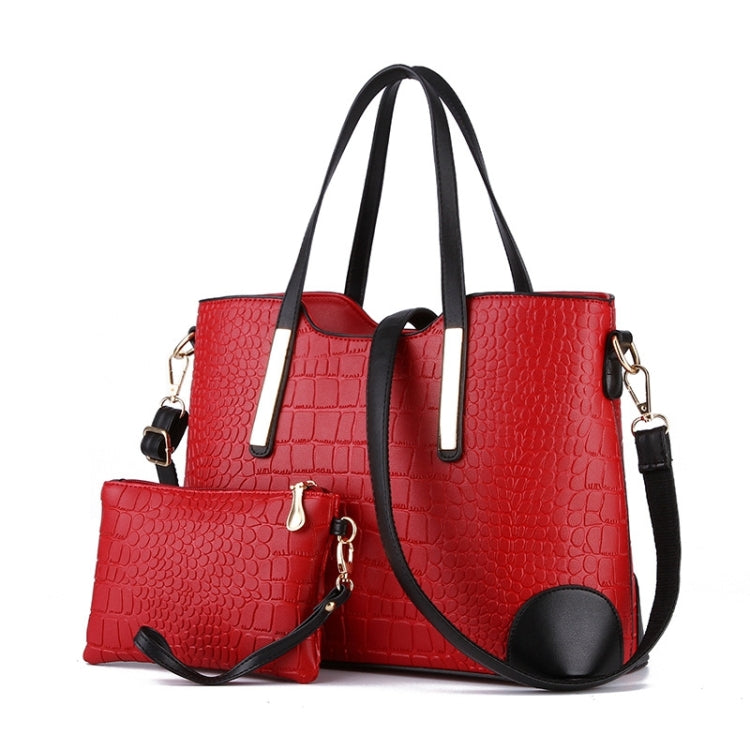 Red crocodile-pattern 2-in-1 messenger bag with matching wallet pouch and crossbody strap
