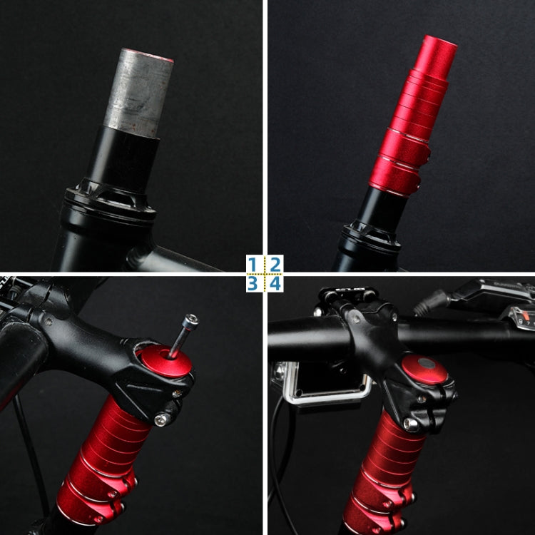 Red aluminum handlebar height adjuster spacer mounted on mountain bike handlebar