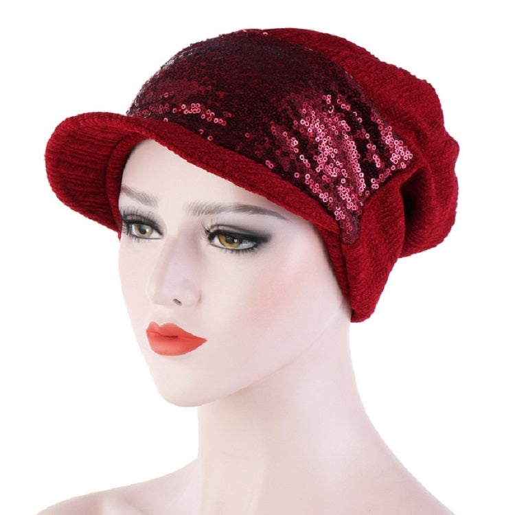 Dark red sequined turban hat with side brim and knit wrap