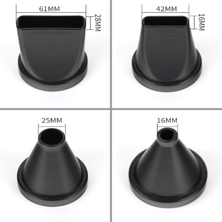 Four black nozzle tips shown with dimension markings for caulking and grouting
