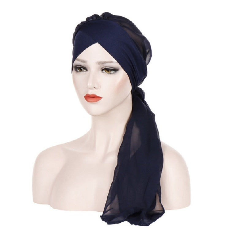 Navy chiffon turban cap with front cross and long draped tail