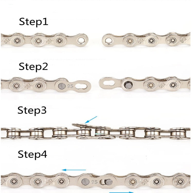 Instruction diagram for connecting a 9-speed bicycle chain using magic buckle joints
