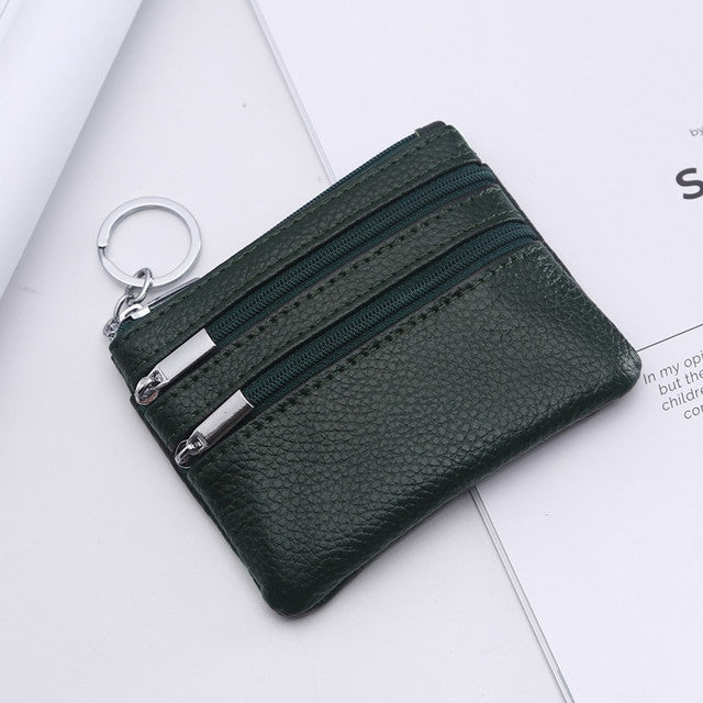 Small dark green leather zip wallet with keyring