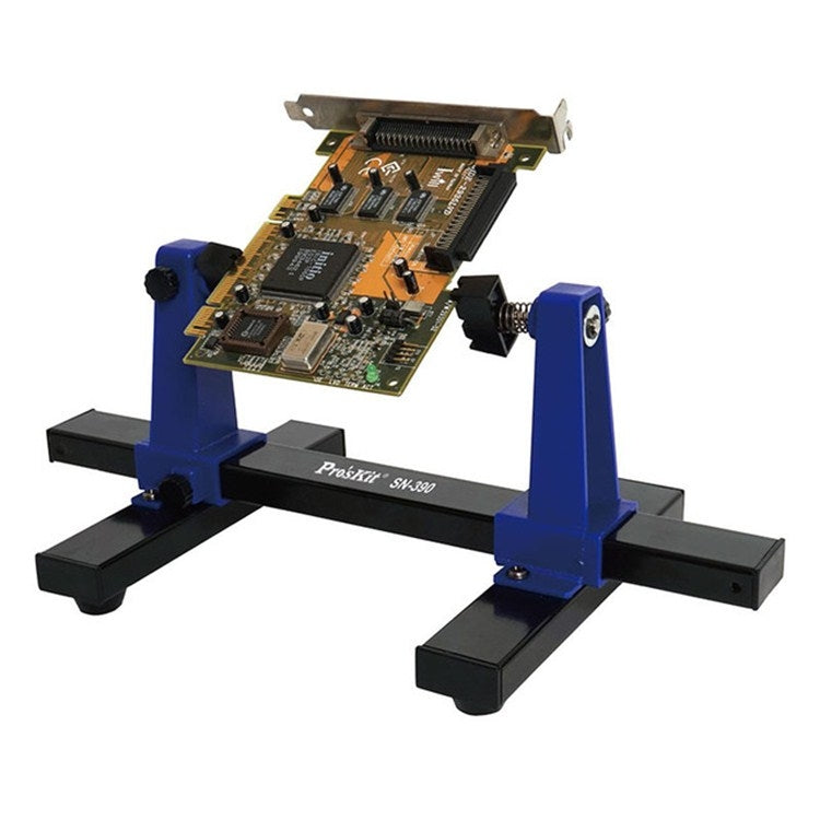 Blue clamp jig with spring posts holding an exposed circuit board for repair