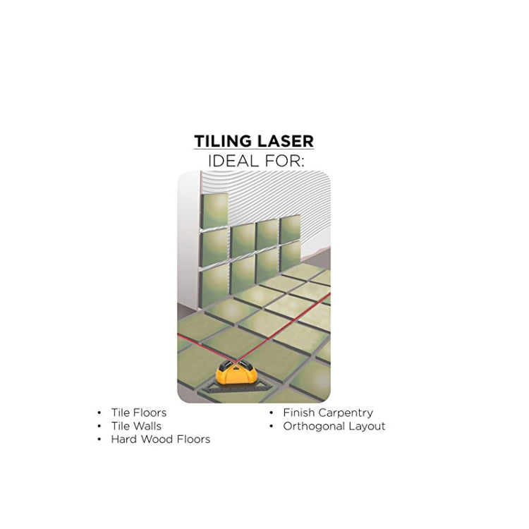Tiling laser level product box with illustrated floor layout and laser line diagram