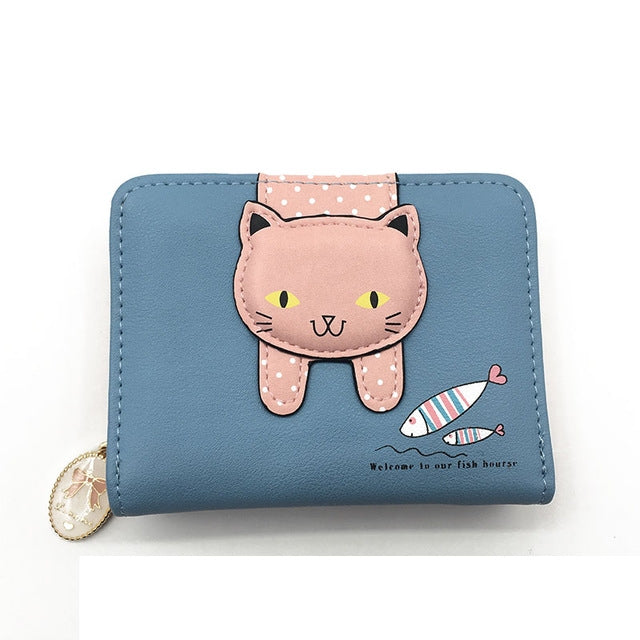 Small blue cat coin purse with zipper, pink cat face patch and fish print