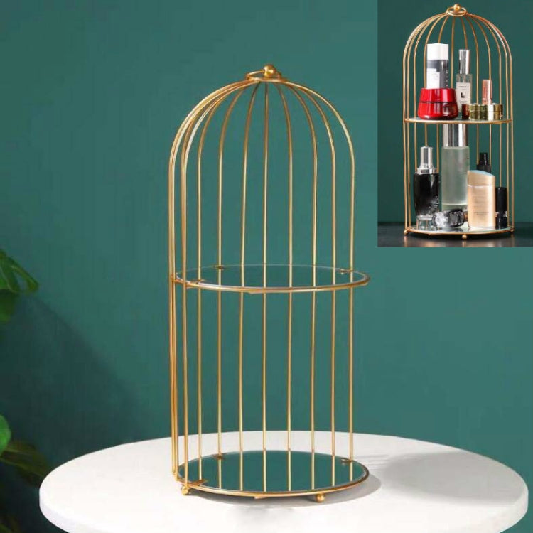 Gold birdcage cosmetic storage shelf with round base and open front