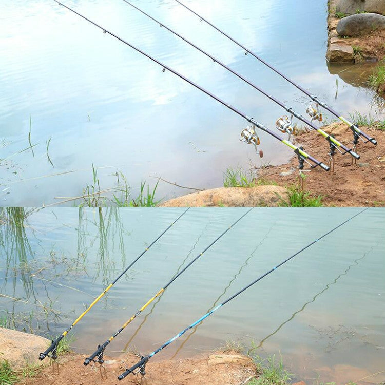 Multiple fishing rod holders with fishing rods mounted on adjustable fork clamps
