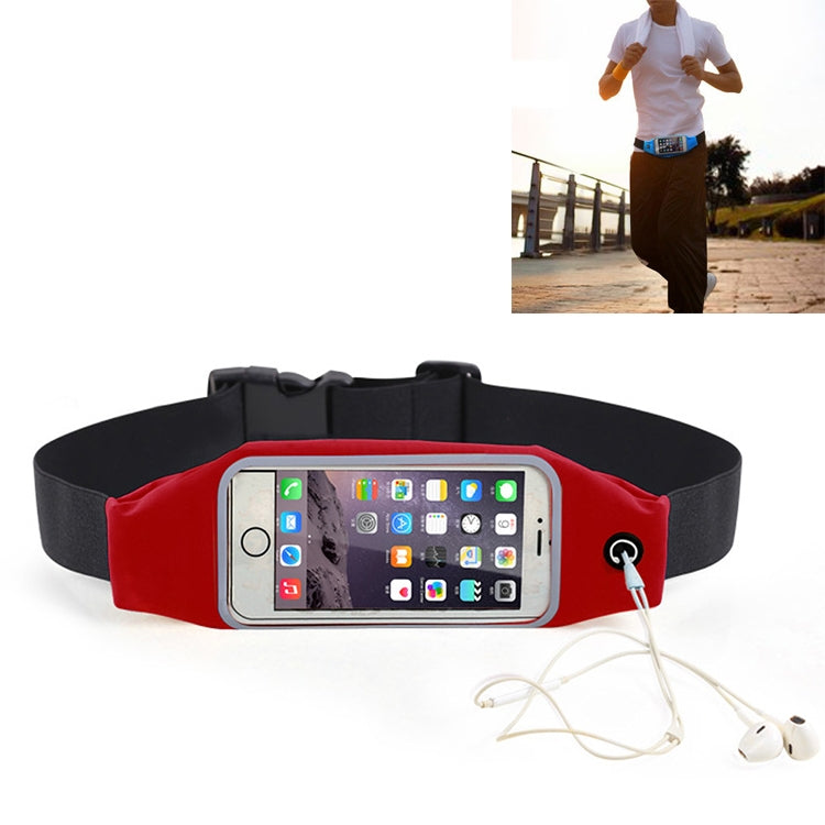 Red and black running waist bag with touch-screen phone window and earphone cord.