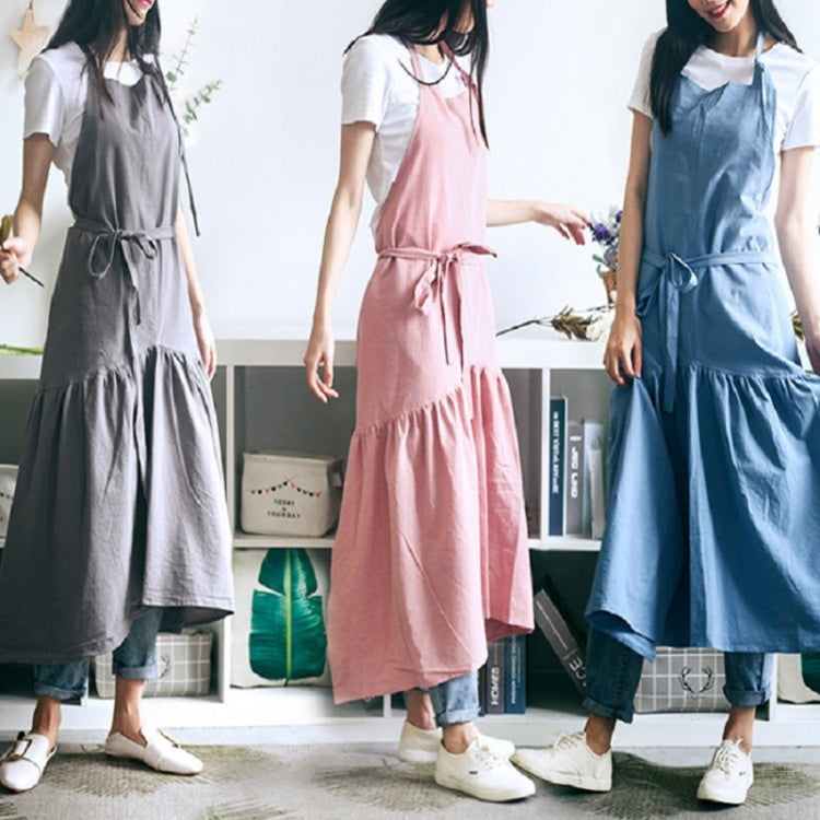 Cotton-linen apron overalls in gray, pink, and blue, each with tied waist and tiered skirt
