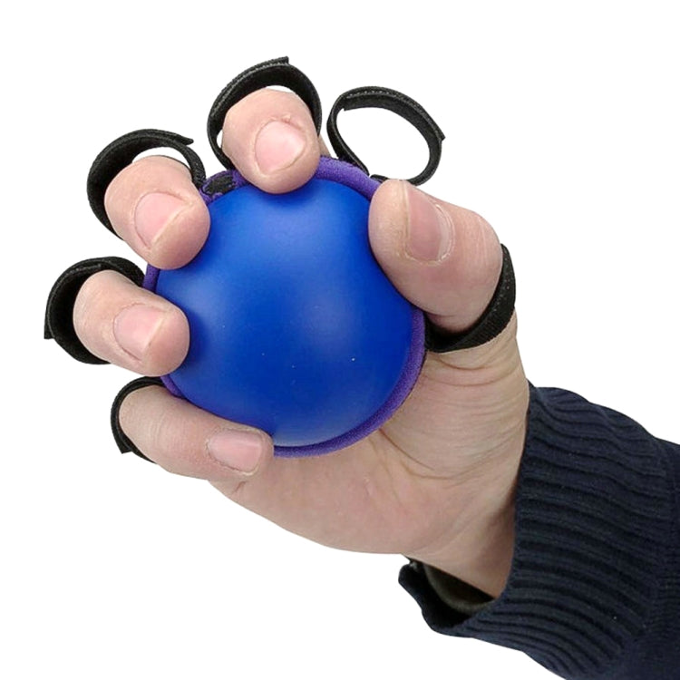 Five-finger grip rehab ball, blue pad with black loop straps pressed between fingers