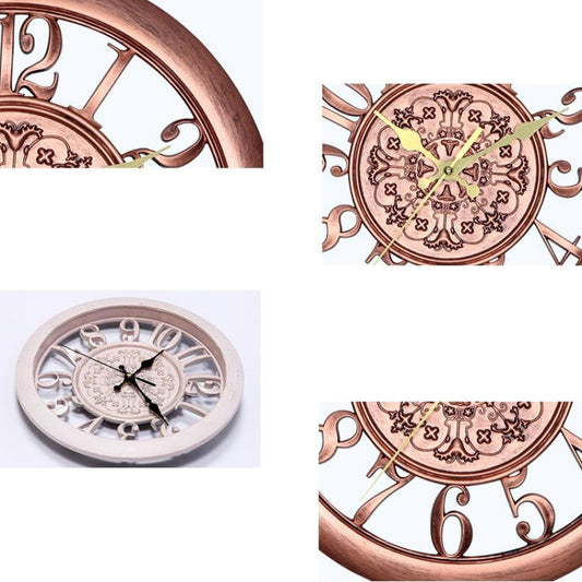 Close-up collage of round quartz clock dials in copper and silver finishes