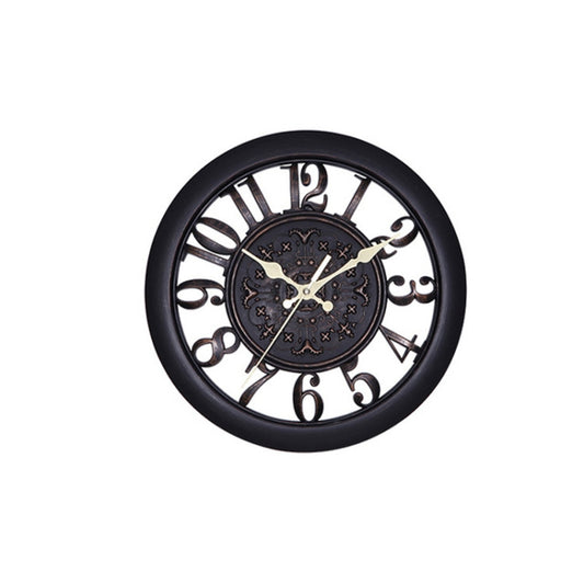 Round antique black quartz wall clock with ornate roman numerals and gear-style dial