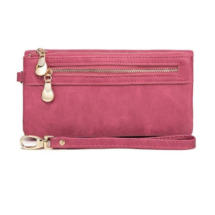 Rose red long wallet clutch purse with double zippers and wrist strap