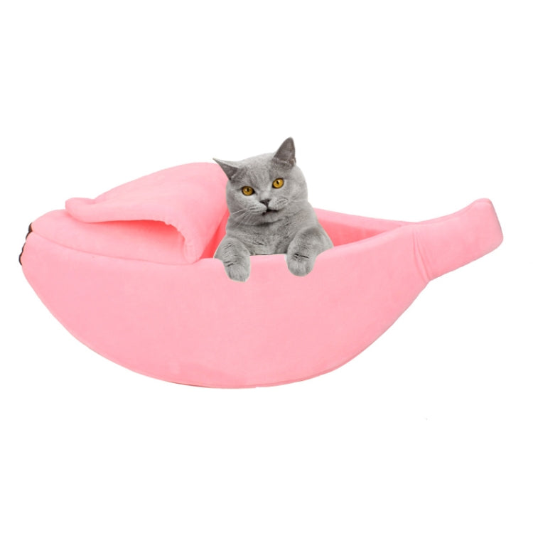 Banana-shaped plush cat nest in pink, cushioned inner bed with raised bolsters