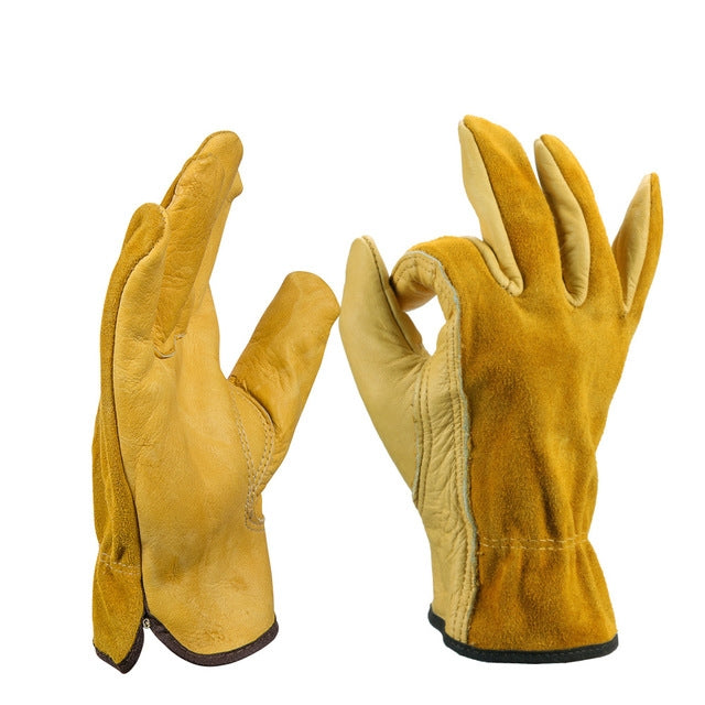 Yellow long-cuff work gloves shown together, with stitched finger panels