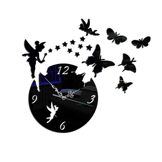 Black round wall clock with butterfly and star decals, teal numerals and decorative hands