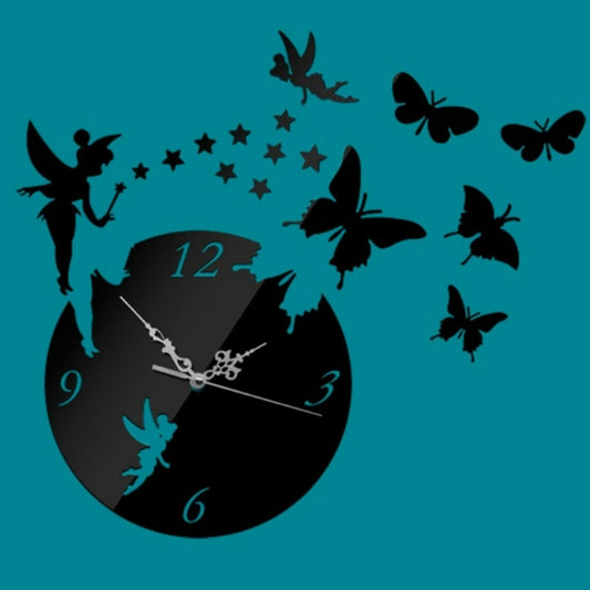 Black round wall clock with butterfly and star decals, glowing teal numbers and hands