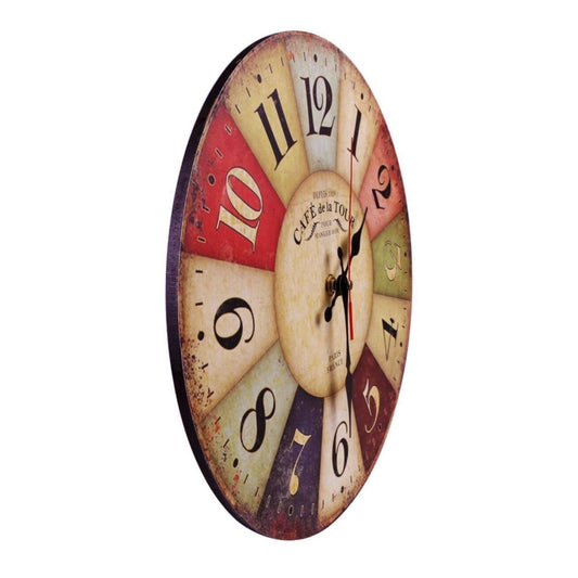 Vintage oval wall clock with distressed multicolor face, black hands, Roman numerals.