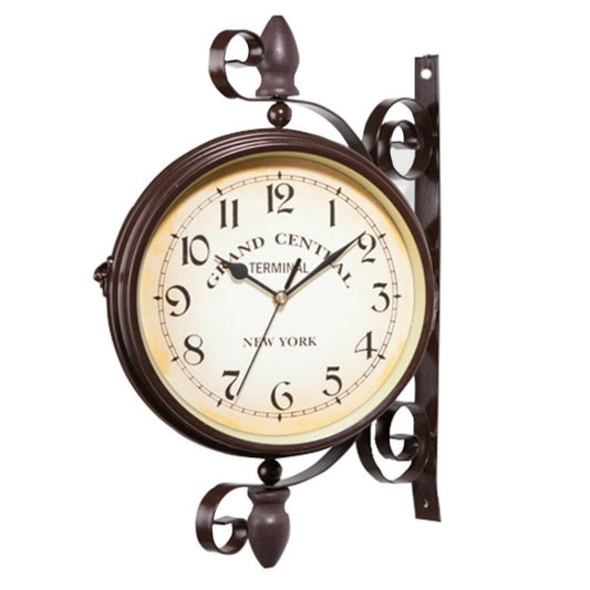 Double-sided wall clock with dark bronze frame and ornate metal scroll accents