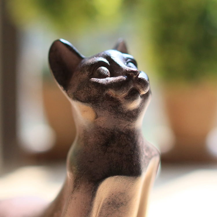 Close-up of dark brown yoga cat figurine face with raised arms