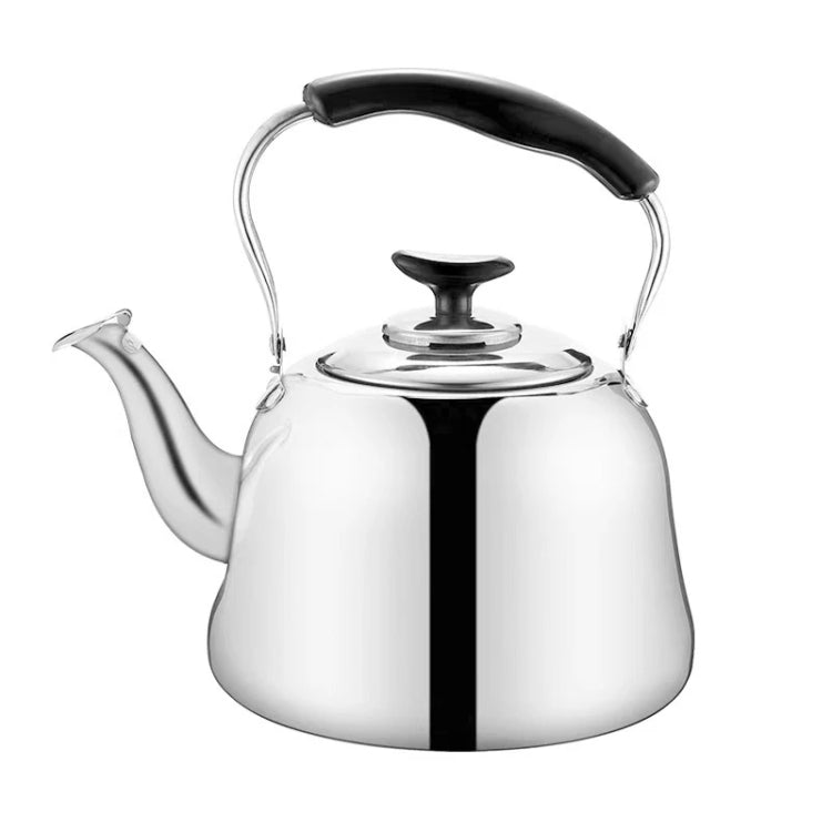 Stainless steel whistle kettle with black handle and spout, shiny finish.