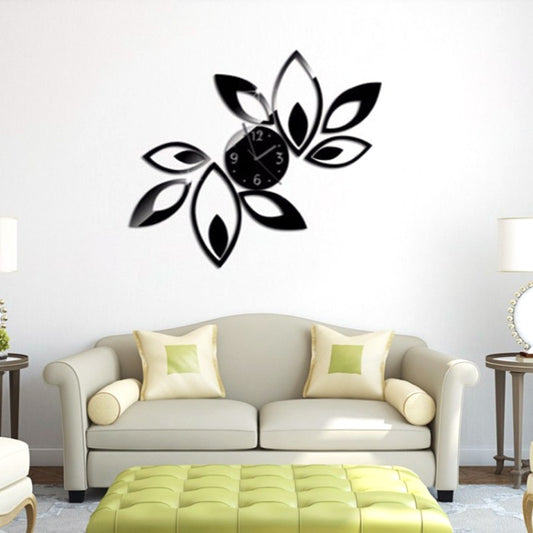 Floral 3D mirror wall clock sticker with black clock face and glossy leaf shapes