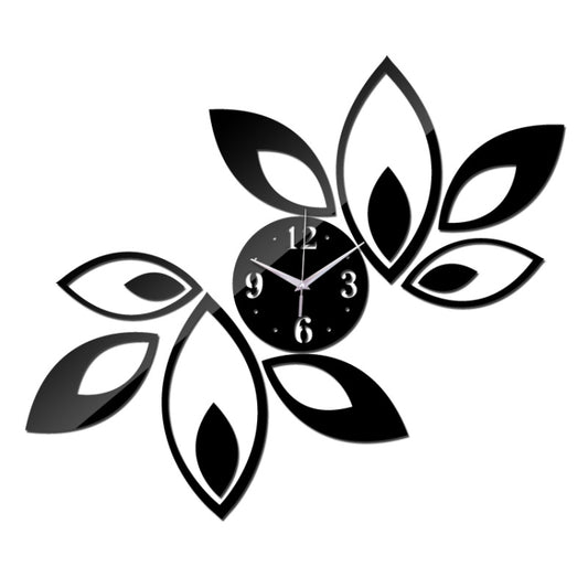 Floral 3D mirror wall clock sticker with black round clock face and leaf petals
