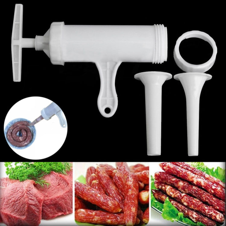White sausage stuffer kit with handle, cylinder body, and two stuffing funnels