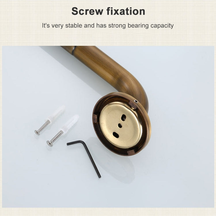 Brass bathroom handrail pull with round backplate and mounting screws