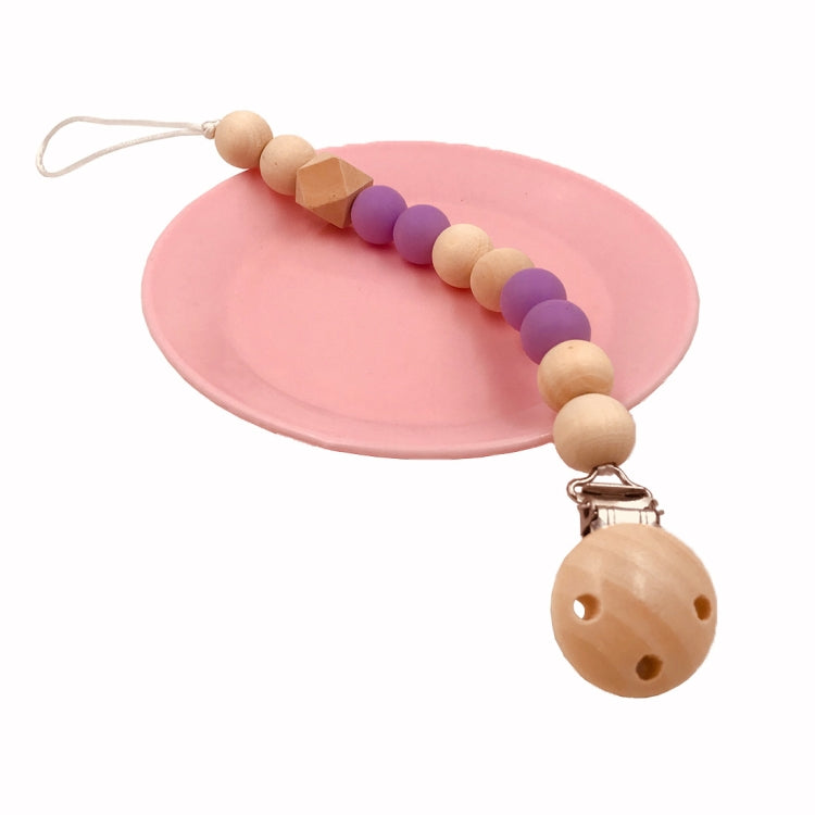Baby pacifier clip chain with wooden beads, purple accents, and wooden clip holder