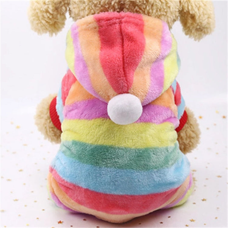Rainbow striped fleece dog hooded jumpsuit with hood pom pom and warm plush coverage